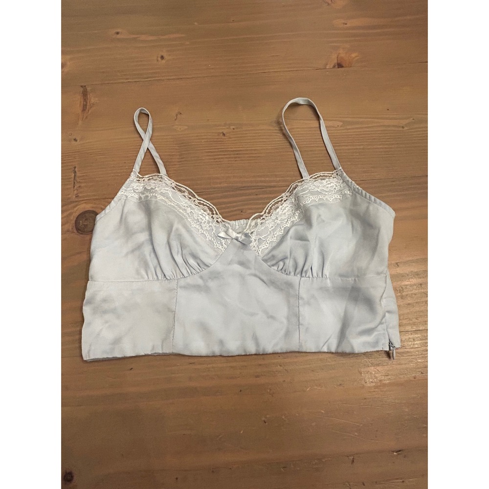 D14 Princess Polly Light Blue Satin Lace Trim Crop Top Cami US 4 Adjustable